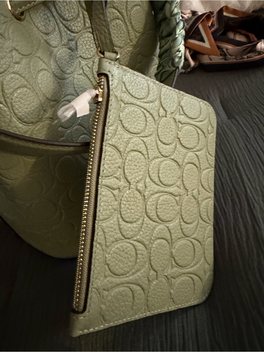 Coach Sage Green Embossed Pebbled Leather Drawstring Bucket Bag with Pouch - Picture 8 of 12